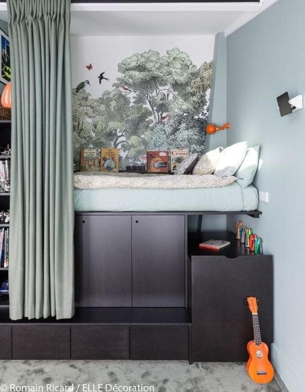 Podium bed black x forest wallpaper