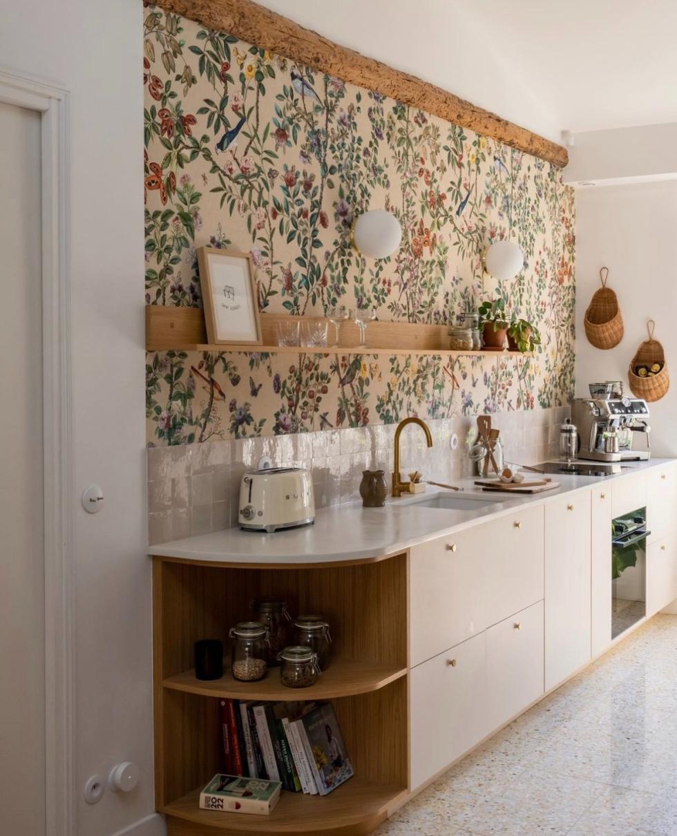 Kitchen with floral wallpaper